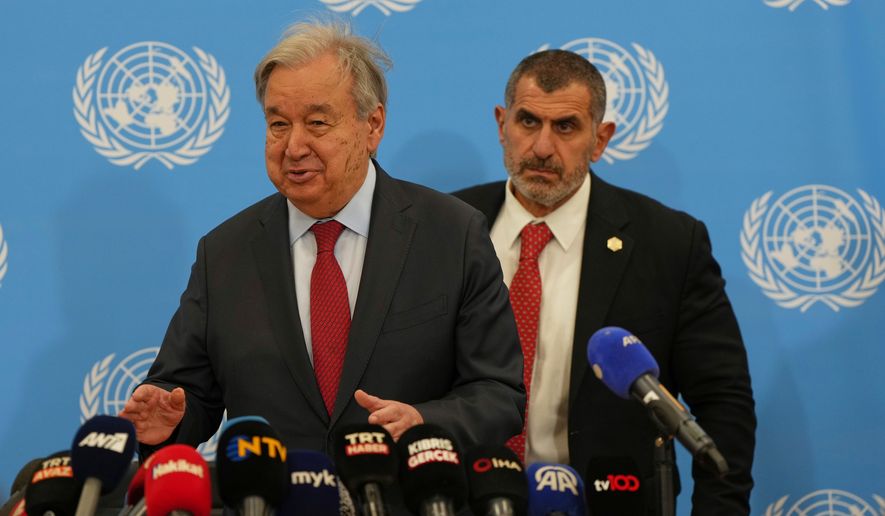 United Nations Secretary-General Antonio Guterres arrives for a news conference after his join meeting with Turkish Cypriot Leader Tufan Erhurman and Cyprus President Nikos Christodoulides at a U.N. compound in the Nicosia airport area, inside the United Nations-controlled buffer zone in the divided capital of Nicosia, Cyprus, Wednesday, July 29, 2026. (AP Photo/Petros Karadjias )