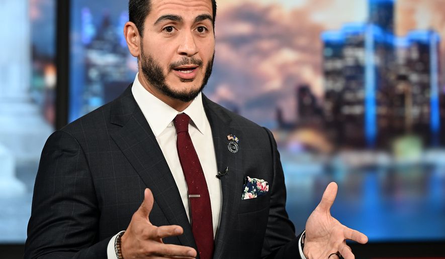 Abdul El-Sayed speaks during a U.S. Senate debate with U.S. Rep. Haley Stevens, Monday, July 27, 2026, in Southfield, Mich. (Robin Buckson/Detroit News via AP, Pool)