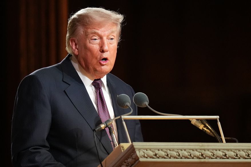 President Donald Trump speaks at the funeral of Sen. Lindsey Graham, R-S.C., at the Washington National Cathedral, Tuesday, July 28, 2026, in Washington. (AP Photo/Alex Brandon, Pool)