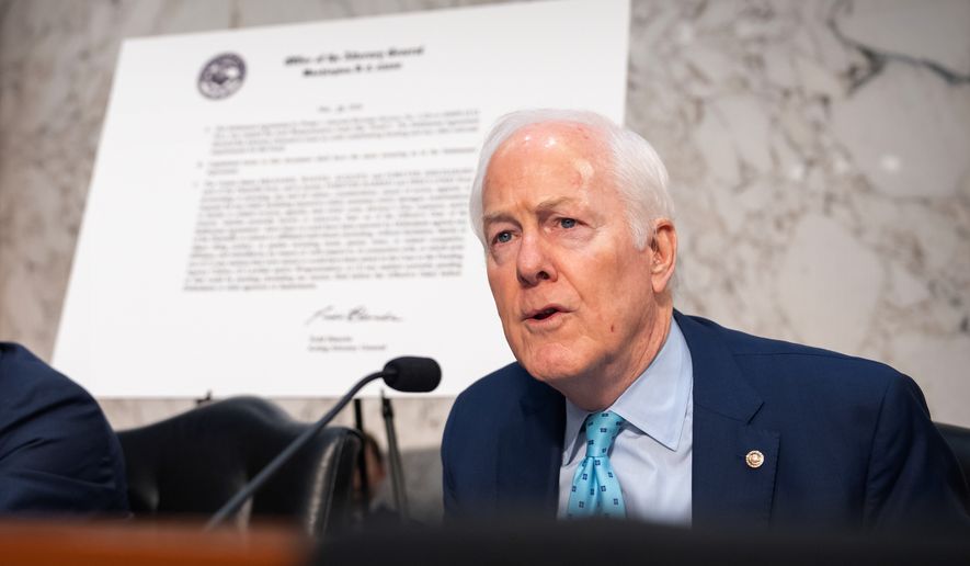 Sen. John Cornyn, R-Texas, speaks during a hearing of the Senate Judiciary Committee with Acting Attorney General Todd Blanche on Capitol Hill in Washington, Wednesday, July 15, 2026. (AP Photo/Mark Schiefelbein)