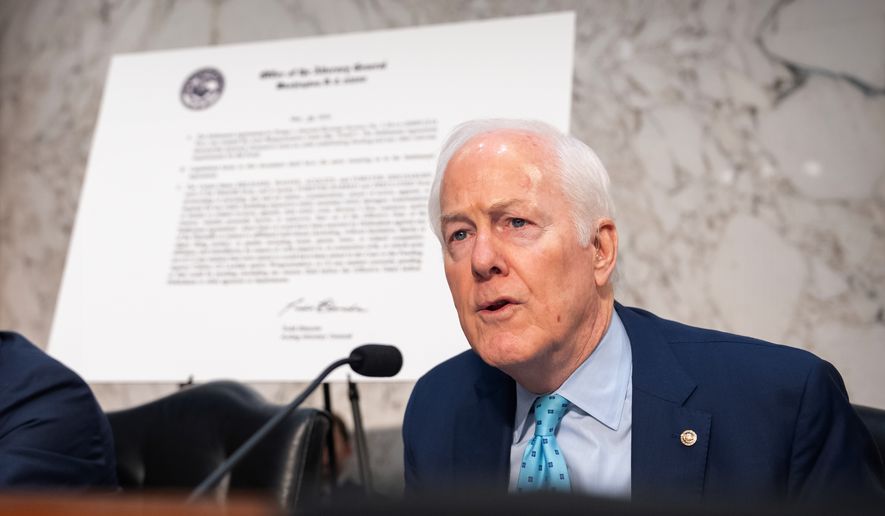 Sen. John Cornyn, R-Texas, speaks during a hearing of the Senate Judiciary Committee with Acting Attorney General Todd Blanche on Capitol Hill in Washington, Wednesday, July 15, 2026. (AP Photo/Mark Schiefelbein)
