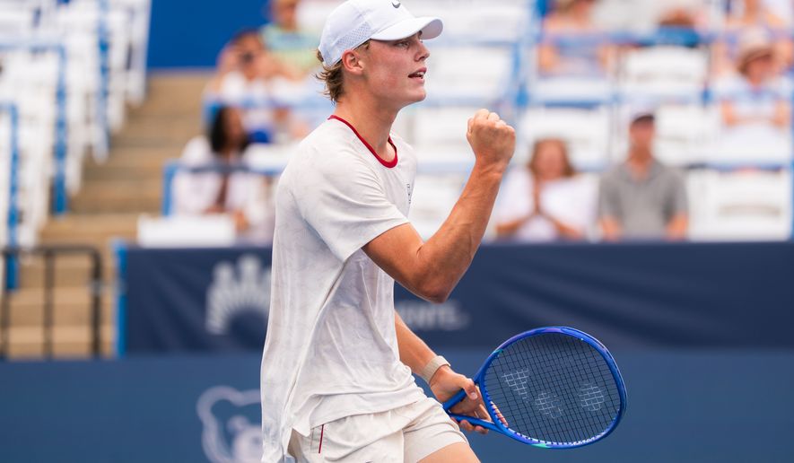 Cruz Hewitt of Australia celebrates a point against Alex de Minaur of Australia in a second round match at the DC Open tennis tournament in Washington, D.C., Thursday, July 30, 2026. (All-Pro Reels)