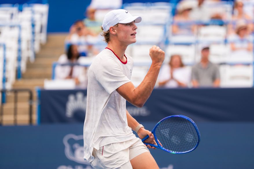 Cruz Hewitt of Australia celebrates a point against Alex de Minaur of Australia in a second round match at the DC Open tennis tournament in Washington, D.C., Thursday, July 30, 2026. (All-Pro Reels)