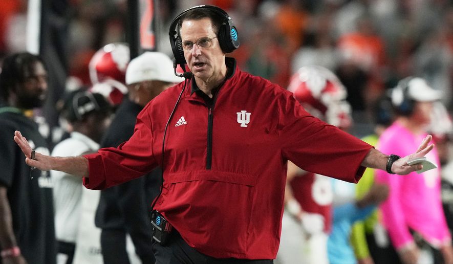 FILE - Indiana head coach Curt Cignetti reacts during the second half of the College Football Playoff national championship game against Miami, Jan. 19, 2026, in Miami Gardens, Fla. (AP Photo/Marta Lavandier)