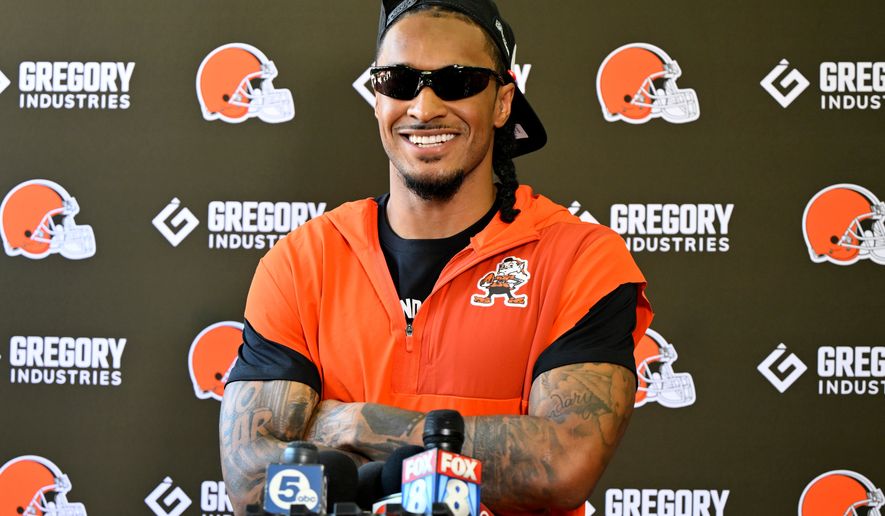 Cleveland Browns safety Grant Delpit speaks with the media at the team's NFL football training camp, Thursday, July 30, 2026, in Berea, Ohio. (AP Photo/David Richard)