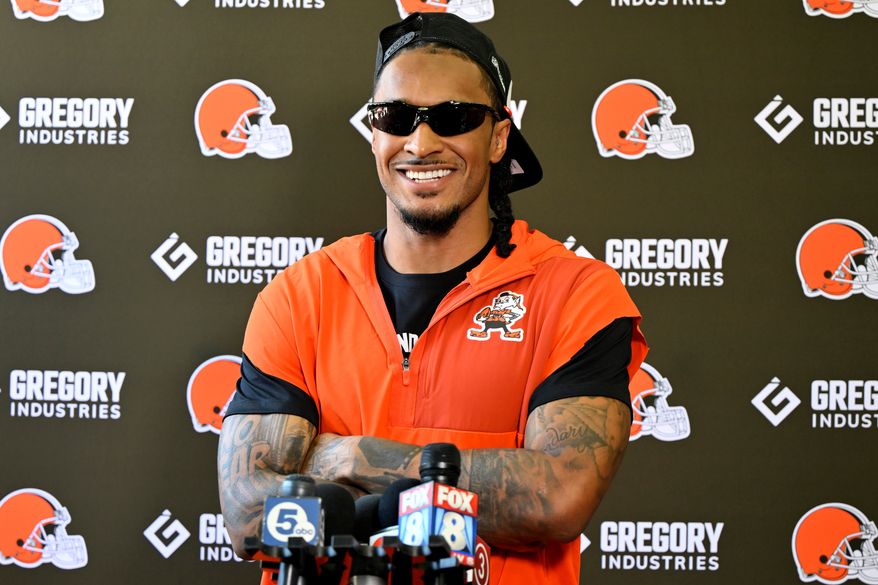 Cleveland Browns safety Grant Delpit speaks with the media at the team's NFL football training camp, Thursday, July 30, 2026, in Berea, Ohio. (AP Photo/David Richard)