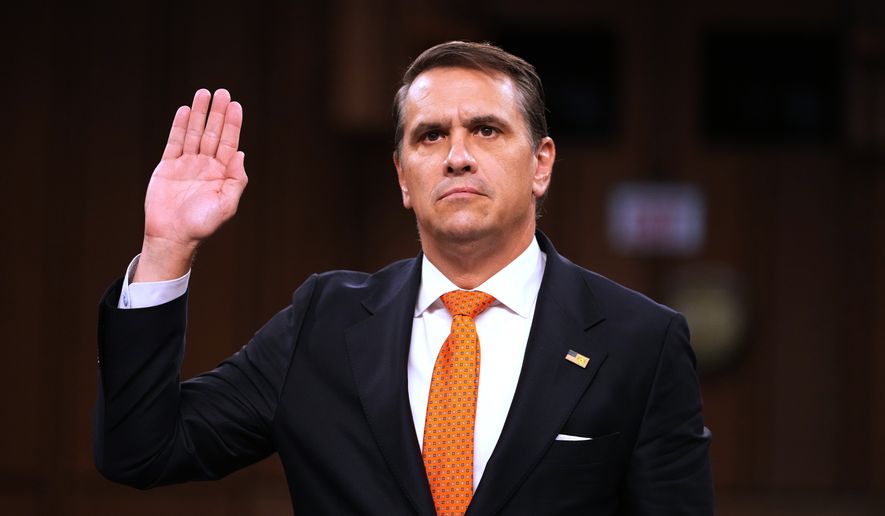 FILE - Acting Attorney General Todd Blanche is sworn in as he appears before the Senate Judiciary Committee on Capitol Hill in Washington, July 15, 2026. (AP Photo/Mark Schiefelbein, File)