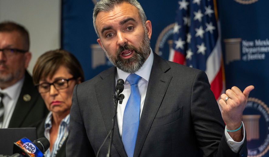FILE - New Mexico Attorney General Raúl Torrez speaks on Wednesday, May 8, 2024, in Albuquerque, N.M. (Jon Austria/The Albuquerque Journal via AP, File)