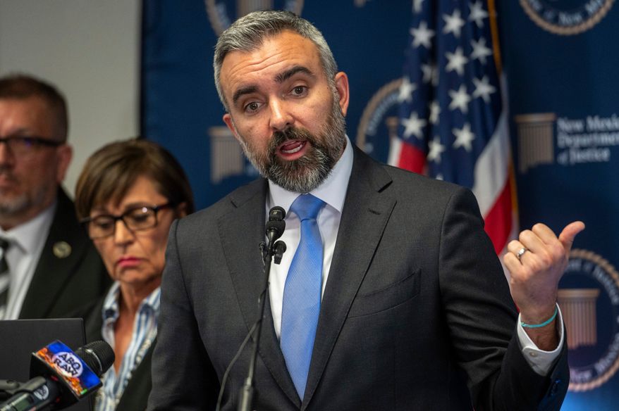 FILE - New Mexico Attorney General Raúl Torrez speaks on Wednesday, May 8, 2024, in Albuquerque, N.M. (Jon Austria/The Albuquerque Journal via AP, File)