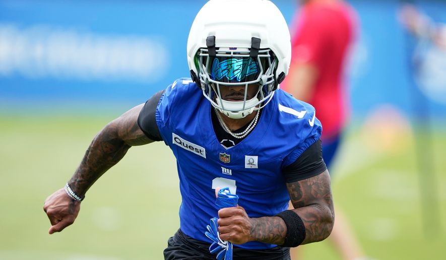 New York Giants wide receiver Malik Nabers practices during an NFL football training camp, Wednesday, July 29, 2026, in White Sulphur Springs, W.Va. (AP Photo/Chris Carlson)
