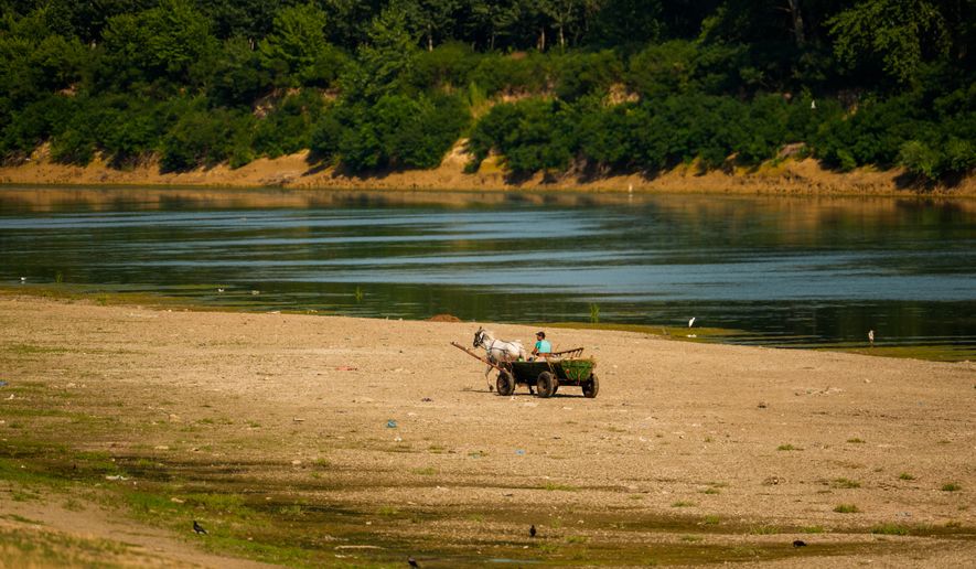 A man rides his horse-pulled cart on a bank of sand on the Danube River, as usually submerged areas are exposed due to extreme low levels of the water following an extended period of drought in Roseti, Romania, Wednesday, July 29, 2026. (AP Photo/Andreea Alexandru)