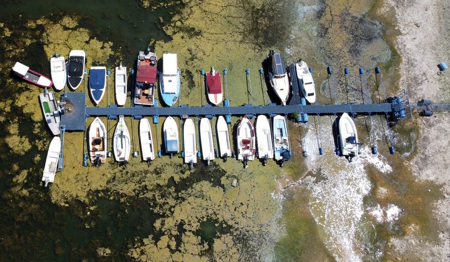 Boats sit on dry ground as water levels have dropped on the Danube River in Novi Sad, Serbia, Wednesday, July 29, 2026. (AP Photo/Darko Vojinovic)
