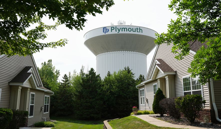 A water tower is seen Thursday, July 30, 2026, in Plymouth, Minn. A cyberattack targeted the operating technology at over 30 water systems in Minnesota, including Plymouth's, earlier this week, state officials said. (AP Photo/Ellen Schmidt)