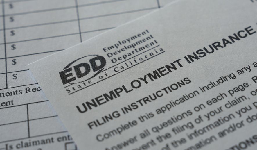 A California unemployment benefits form is shown Wednesday, July 8, 2026, in Detroit. (AP Photo/Paul Sancya)