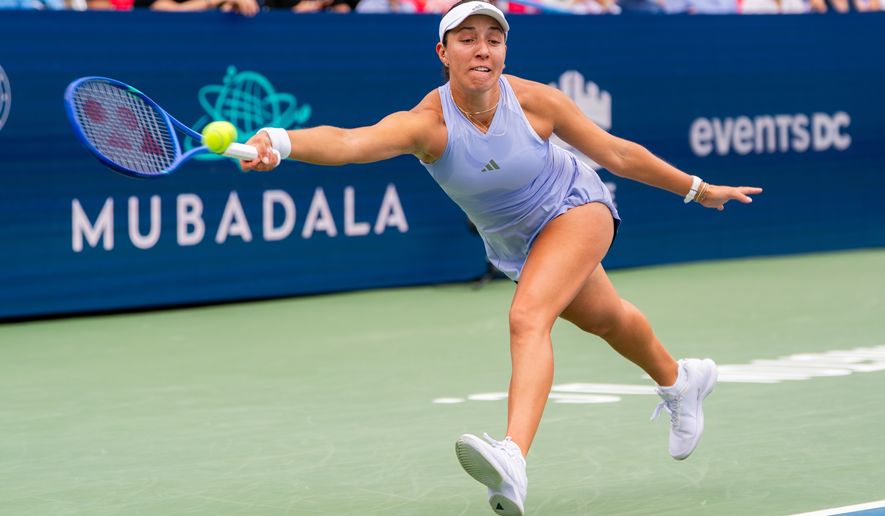 Jessica Pegula of the United States reaches for a forehand shot at the DC Open tennis tournament in Washington, D.C., Thursday, July 30, 2026. (All-Pro Reels)