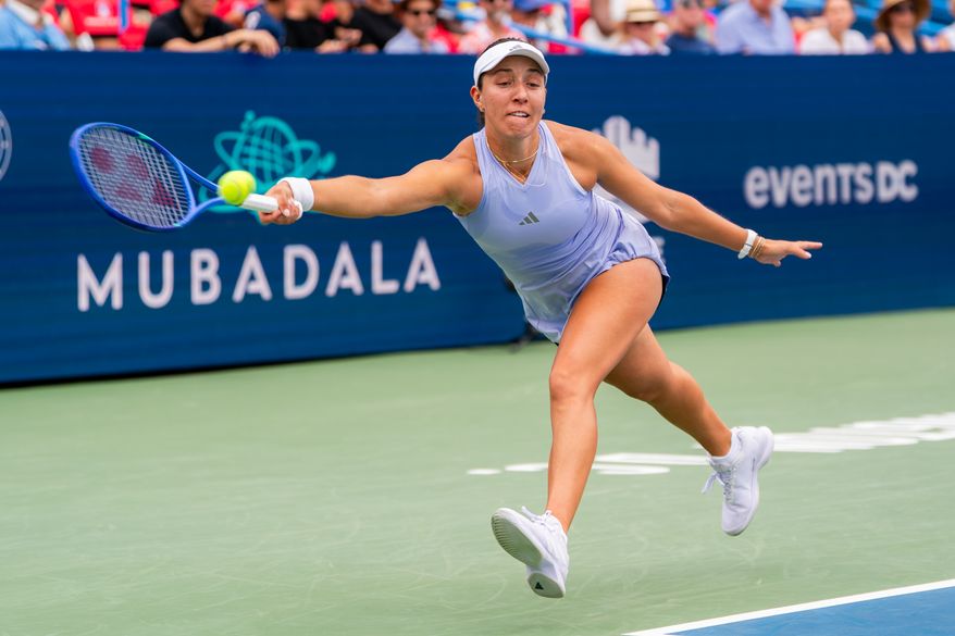 Jessica Pegula of the United States reaches for a forehand shot at the DC Open tennis tournament in Washington, D.C., Thursday, July 30, 2026. (All-Pro Reels)