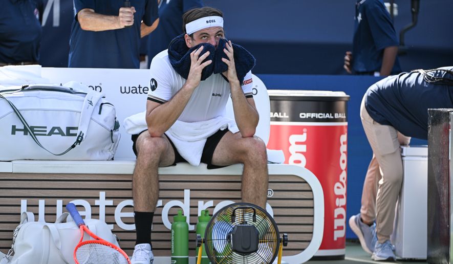 Taylor Fritz of the United States rests during his match with Alex Michelsen of the United States at the DC Open tennis tournament in Washington, D.C., Friday, July 31, 2026. (All-Pro Reels)