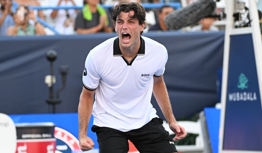 Taylor Fritz of the United States celebrates after beating Alex Michelsen of the United States at the DC Open tennis tournament in Washington, D.C., Friday, July 31, 2026. (All-Pro Reels)