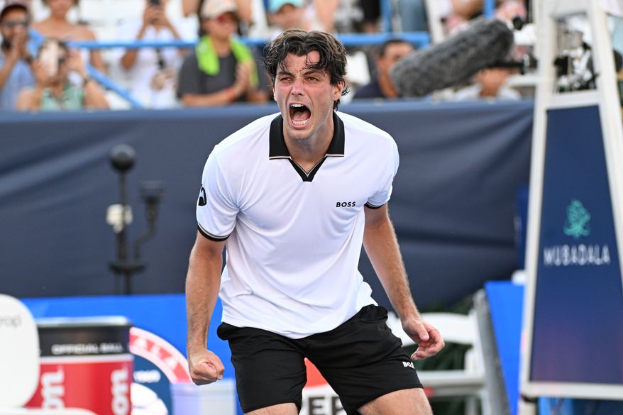Taylor Fritz of the United States celebrates after beating Alex Michelsen of the United States at the DC Open tennis tournament in Washington, D.C., Friday, July 31, 2026. (All-Pro Reels)