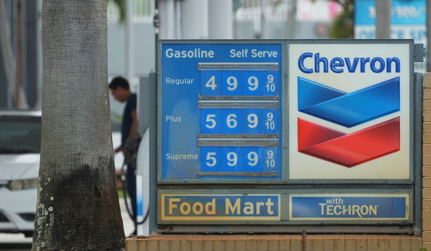 A customer pumps gas at a Chevron station Wednesday, May 27, 2026, in North Miami, Fla. (AP Photo/Marta Lavandier, File)