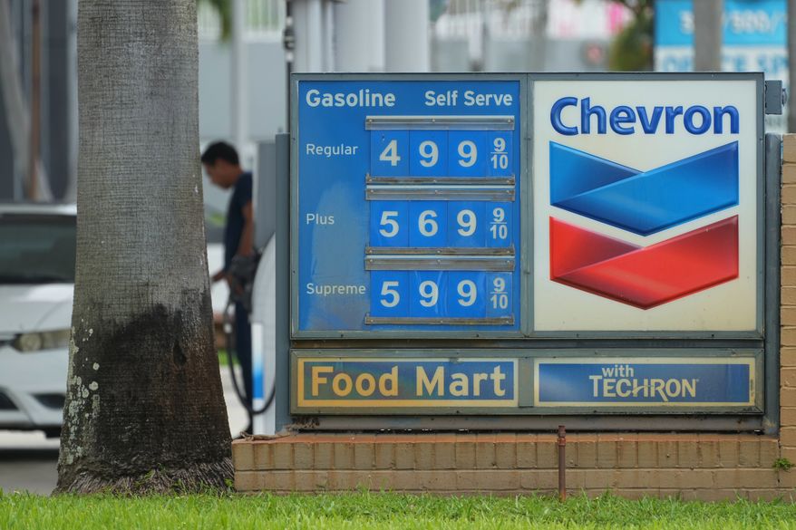 A customer pumps gas at a Chevron station Wednesday, May 27, 2026, in North Miami, Fla. (AP Photo/Marta Lavandier, File)