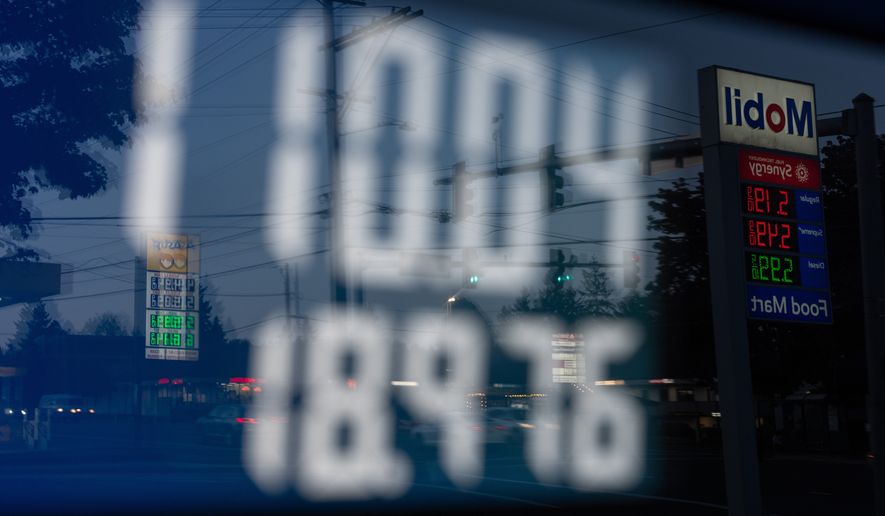 A display shows $110.04 for gasoline on a fuel pump at a Mobil gas station on Wednesday, April 29, 2026, in Portland, Ore. (AP Photo/Jenny Kane, File)