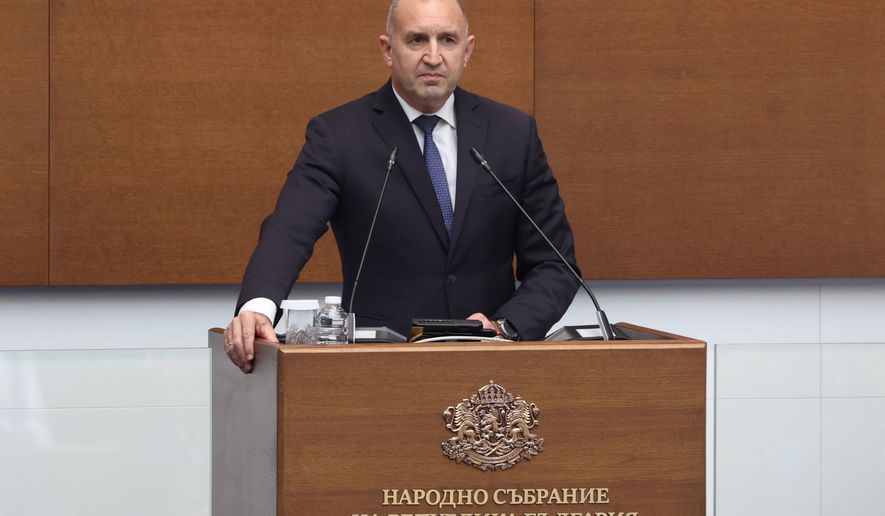 Prime Minister Rumen Radev speaks during debated as Bulgarian Parliament approved deployment of U.S. military aircraft on Bulgarian territory in a 136-13 vote, Wednesday, July 22, 2026. (Bulgarian News Agency via AP)