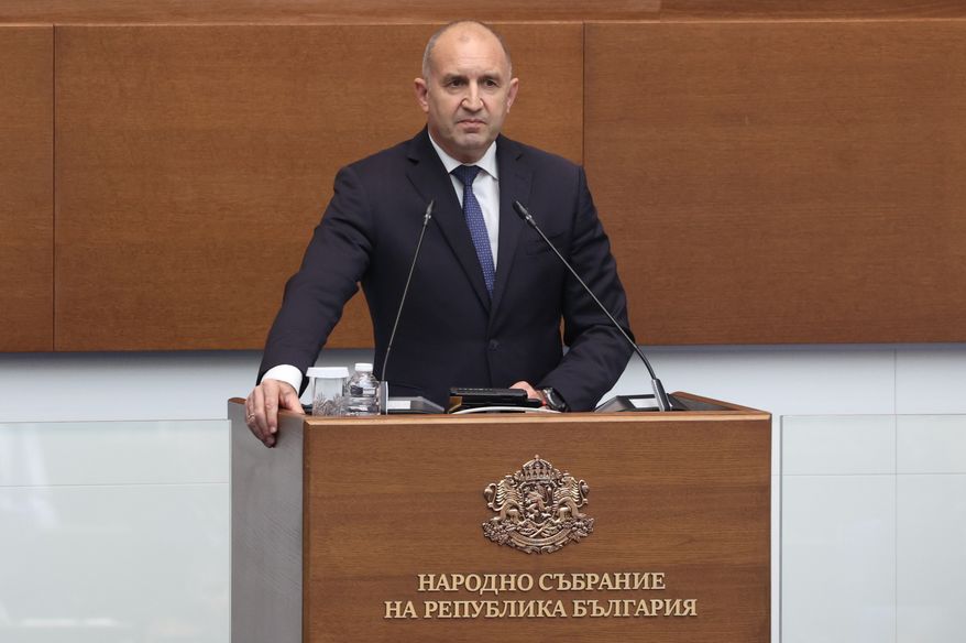 Prime Minister Rumen Radev speaks during debated as Bulgarian Parliament approved deployment of U.S. military aircraft on Bulgarian territory in a 136-13 vote, Wednesday, July 22, 2026. (Bulgarian News Agency via AP)