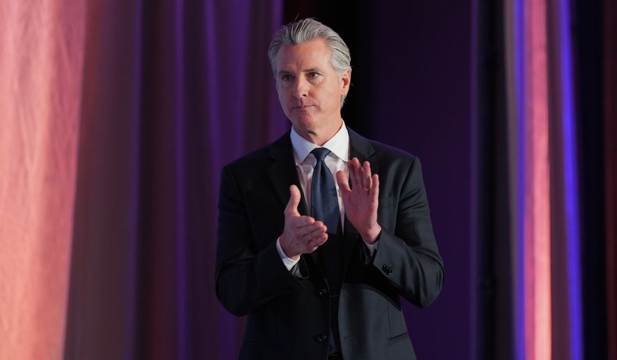 Gov. Gavin Newsom is introduced at the National Association of Latino Elected and Appointed Officials conference in Los Angeles, Tuesday, July 14, 2026. (AP Photo/Jae C. Hong)