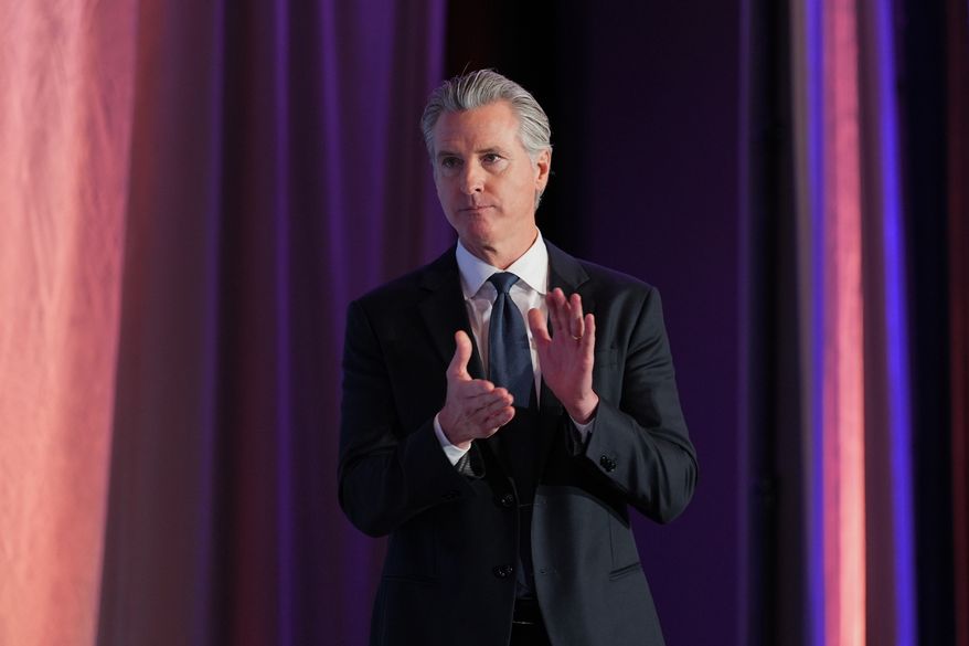 Gov. Gavin Newsom is introduced at the National Association of Latino Elected and Appointed Officials conference in Los Angeles, Tuesday, July 14, 2026. (AP Photo/Jae C. Hong)