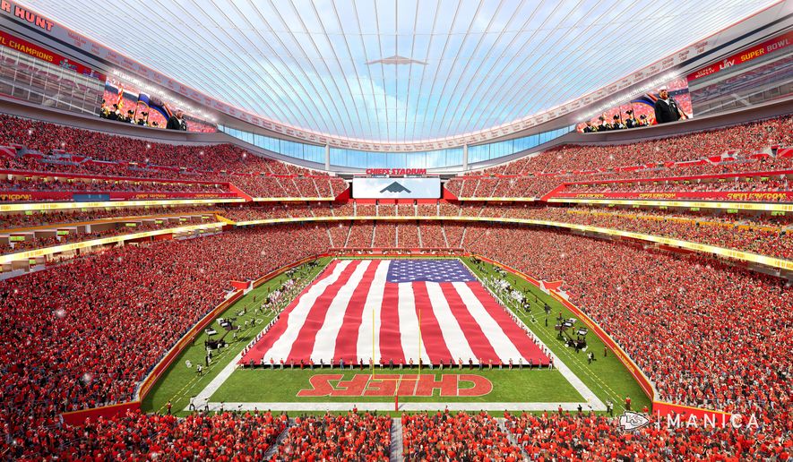 This undated artist's rendering provided by the Kansas City Chiefs on Wednesday, July 22, 2026, shows an initial interior design of the team's new enclosed stadium set to open in Kansas City, Kan., in 2031. (Kansas City Chiefs/MANICA via AP)