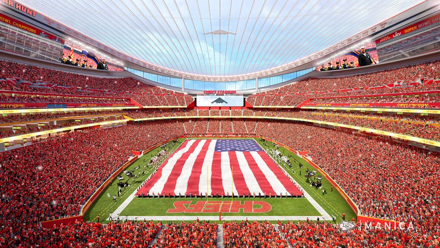 This undated artist's rendering provided by the Kansas City Chiefs on Wednesday, July 22, 2026, shows an initial interior design of the team's new enclosed stadium set to open in Kansas City, Kan., in 2031. (Kansas City Chiefs/MANICA via AP)