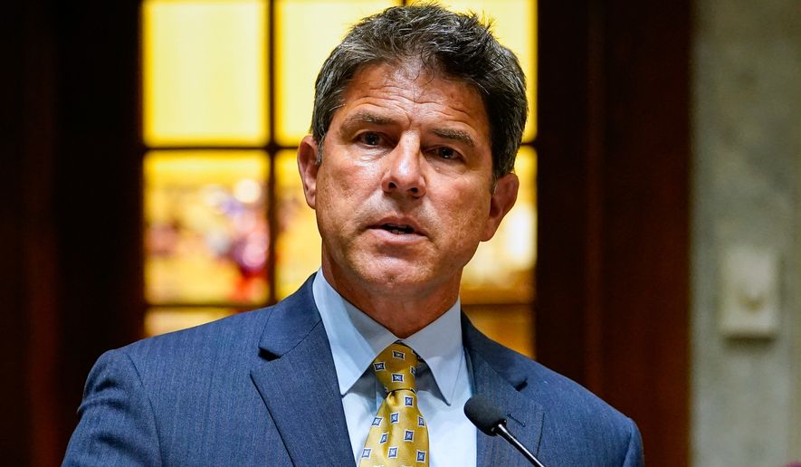 FILE - Senate President Pro Tem Rodric Bray, R-Martinsville, speaks at the Statehouse in Indianapolis, July 20, 2022. (AP Photo/Michael Conroy, File)