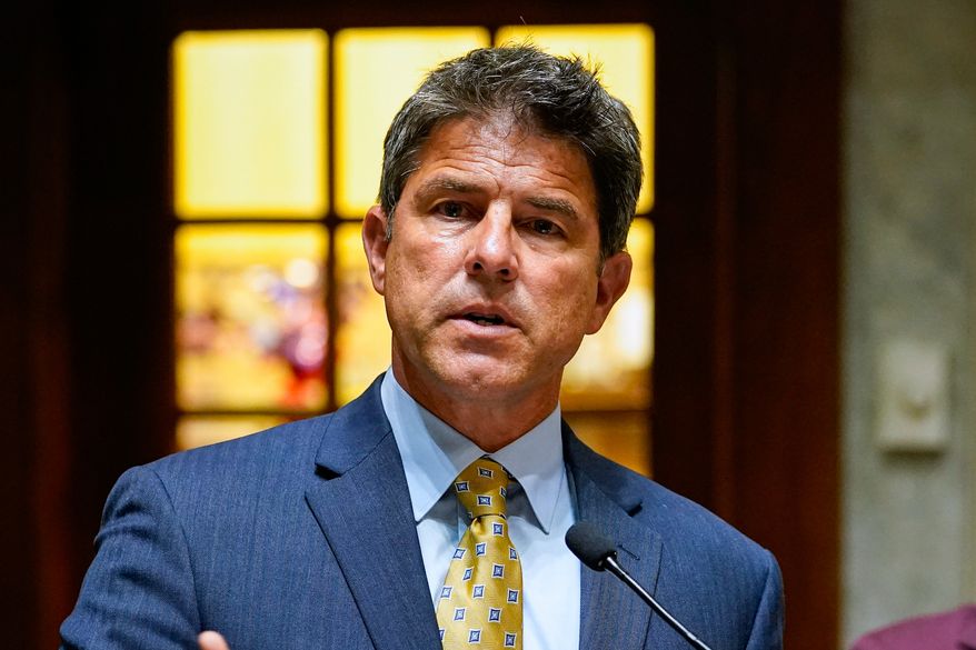 FILE - Senate President Pro Tem Rodric Bray, R-Martinsville, speaks at the Statehouse in Indianapolis, July 20, 2022. (AP Photo/Michael Conroy, File)