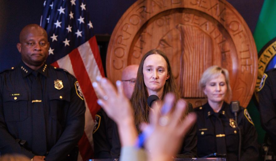 Mayor Katie Wilson speaks during a news conference about appointing Andre Sayles as interim Seattle police chief at Seattle City Hall on Friday, July 31, 2026. (Erika Schultz/The Seattle Times via AP)