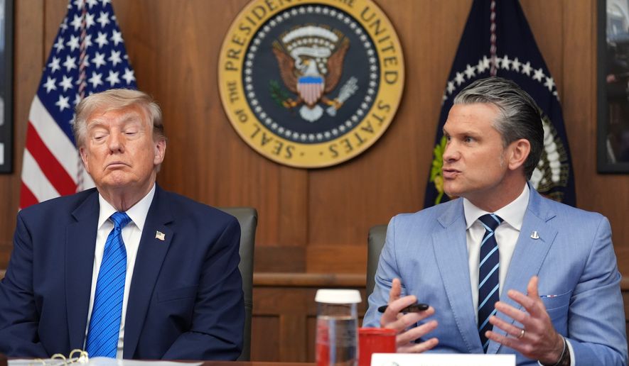 Defense Secretary Pete Hegseth speaks alongside President Donald Trump during a cabinet meeting, Friday, July 31, 2026, at Camp David, the presidential retreat, near Thurmont, Md., Friday, July 31, 2026. (AP Photo/Jacquelyn Martin)