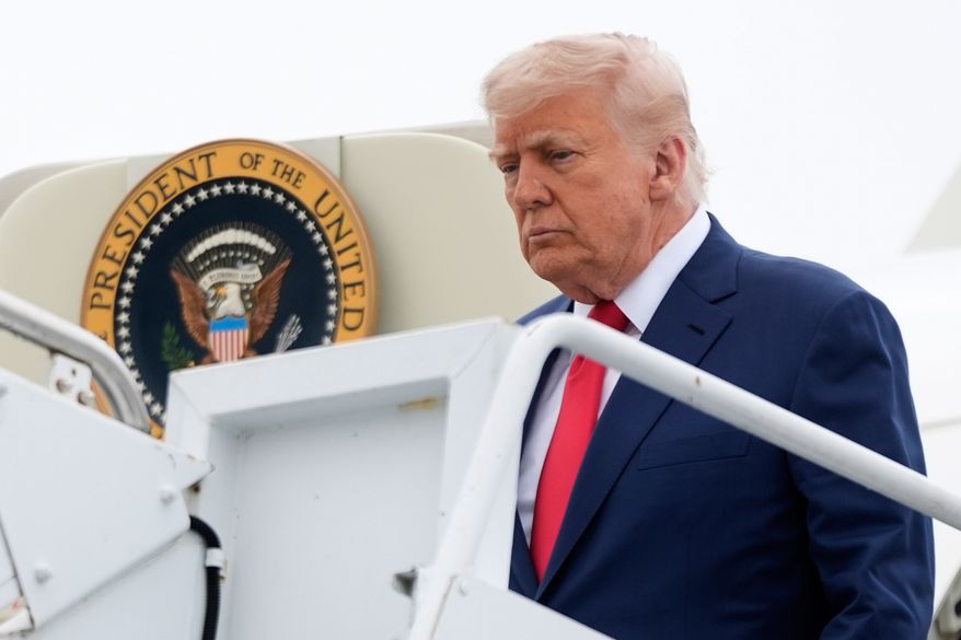 President Donald Trump arrives on Air Force One at Hagerstown Regional Airport, in Hagerstown, Md., en route to Camp David, Md., June 8, 2025. (AP Photo/Manuel Balce Ceneta, File)
