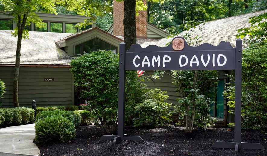 A sign for Camp David, the presidential retreat, is pictured near Thurmont, Md., Aug. 18, 2023. (AP Photo/Andrew Harnik, File)