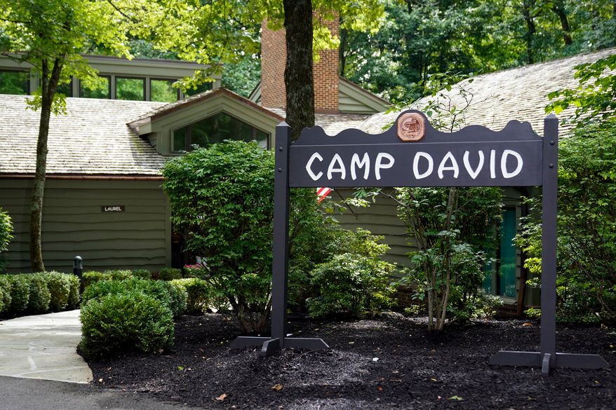 A sign for Camp David, the presidential retreat, is pictured near Thurmont, Md., Aug. 18, 2023. (AP Photo/Andrew Harnik, File)