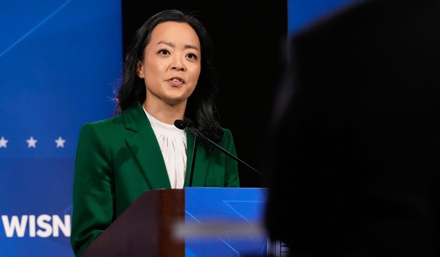 Democratic gubernatorial candidate Francesca Hong talks during a primary debate in Milwaukee, Tuesday, July 28, 2026. (AP Photo/Nam Y. Huh)