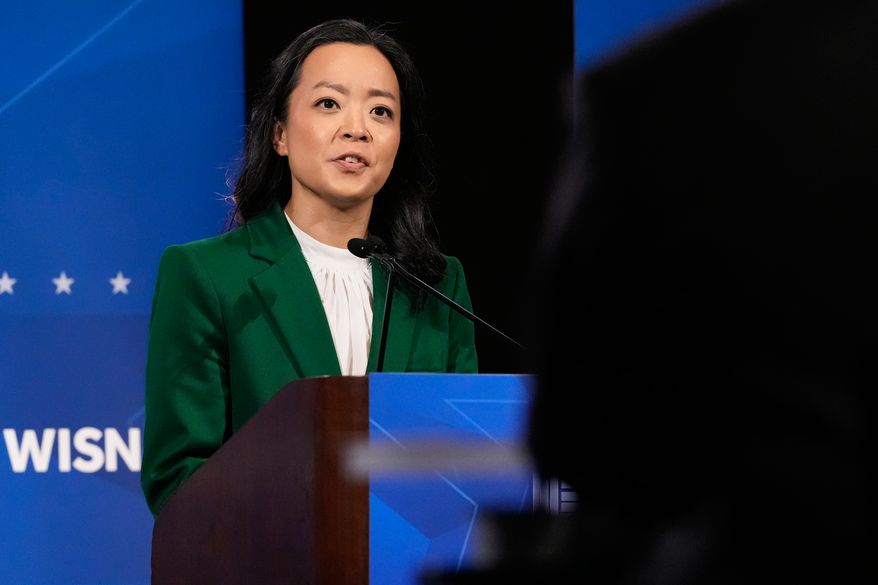 Democratic gubernatorial candidate Francesca Hong talks during a primary debate in Milwaukee, Tuesday, July 28, 2026. (AP Photo/Nam Y. Huh)