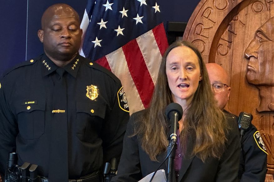 Seattle Mayor Katie Wilson holds a news conference to introduce Andre Sayles as interim police chief on Friday, July 31, 2026 in Seattle. (AP Photo/Manuel Valdes)