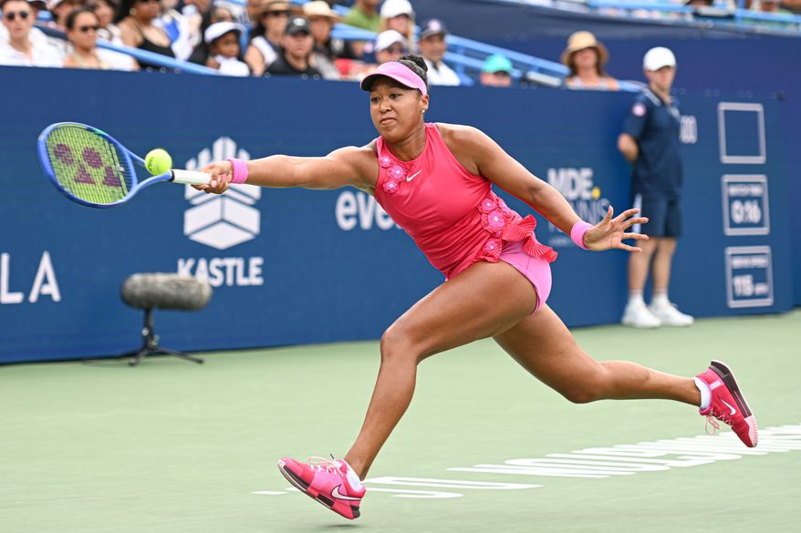 Naomi Osaka of Japan reaches for a forehand shot against Alex Eala of the Philippines at the DC Open tennis tournament in Washington, D.C., Saturday, August 1, 2026. (All-Pro Reels)