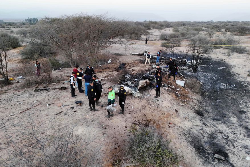 Police inspect the wreckage of a plane that crashed during a sightseeing flight carrying tourists over the Nazca Lines in Peru, Saturday, Aug. 1, 2026. (AP Photo/Genry Bautista)