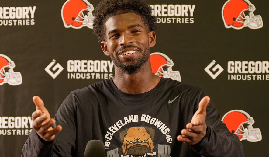 Cleveland Browns' Shedeur Sanders speaks to the media during an NFL football training camp, Saturday, Aug. 1, 2026, in Berea, Ohio. (AP Photo/Sue Ogrocki)
