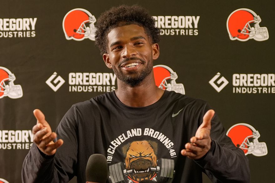 Cleveland Browns' Shedeur Sanders speaks to the media during an NFL football training camp, Saturday, Aug. 1, 2026, in Berea, Ohio. (AP Photo/Sue Ogrocki)
