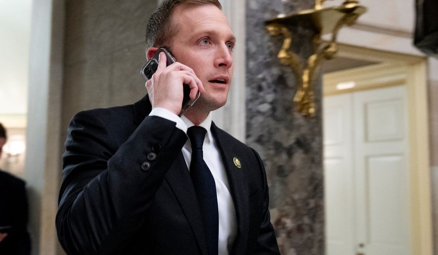 Rep. Max Miller, R-Ohio, walks out of a meeting with House Majority Leader Steve Scalise of La., on Capitol Hill, Oct. 11, 2023, in Washington. (AP Photo/Andrew Harnik, File)
