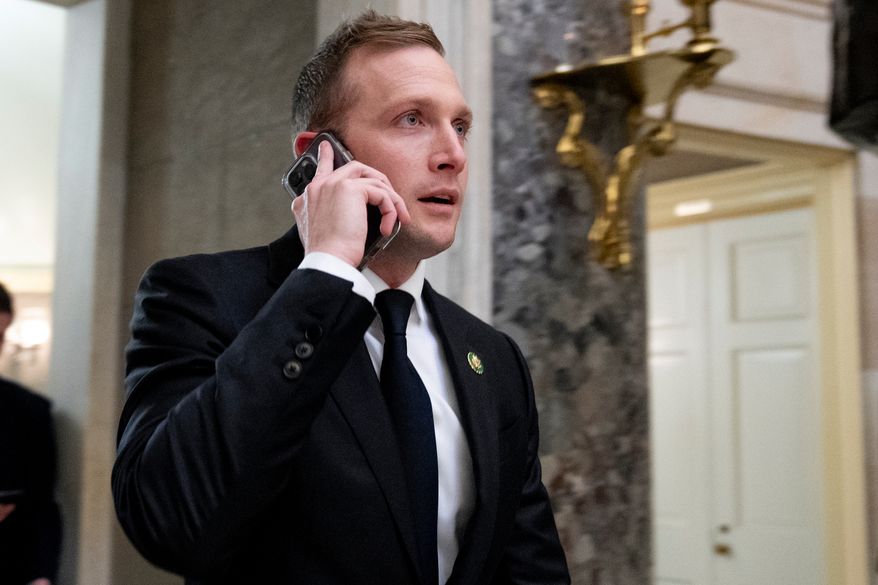 Rep. Max Miller, R-Ohio, walks out of a meeting with House Majority Leader Steve Scalise of La., on Capitol Hill, Oct. 11, 2023, in Washington. (AP Photo/Andrew Harnik, File)