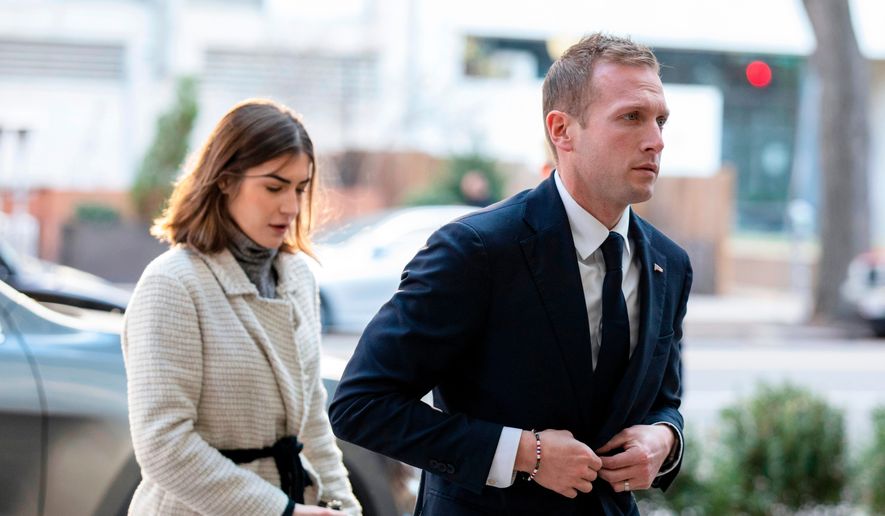 Rep.-elect Max Miller, R-Ohio, arrives for new member orientation check-in and program registration with Emily Moreno in Washington, Nov. 13, 2022. (AP Photo/Amanda Andrade-Rhoades, File)