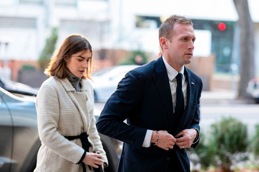 Rep.-elect Max Miller, R-Ohio, arrives for new member orientation check-in and program registration with Emily Moreno in Washington, Nov. 13, 2022. (AP Photo/Amanda Andrade-Rhoades, File)